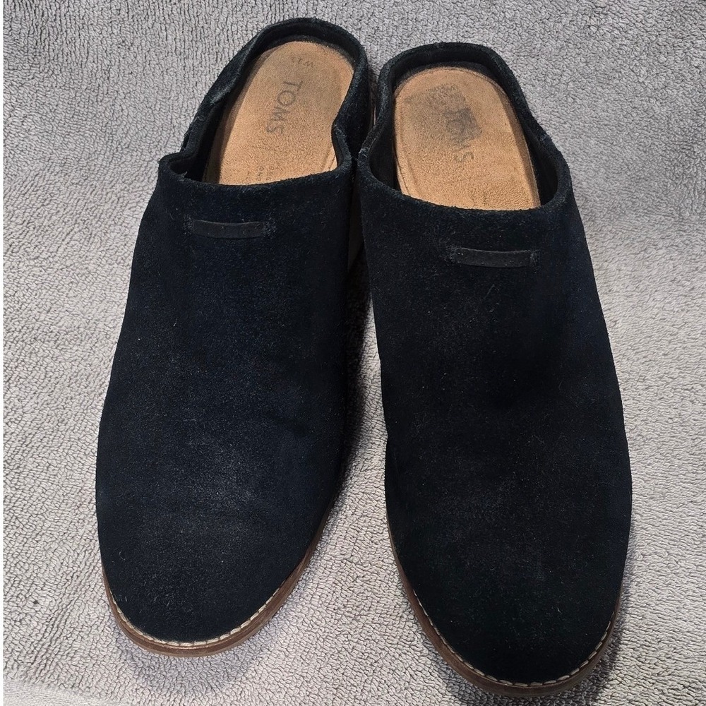 TOMS Kelsey Black Suede Block Heel Mules Round Toe Slip On Clogs Women Shoes 11 - Picture 4 of 9